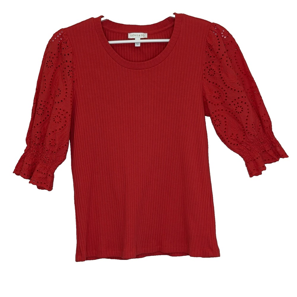 Crown & Ivy Pullover Top Womens Size Medium Red Ribbed Short Puff Eyelet Sleeve